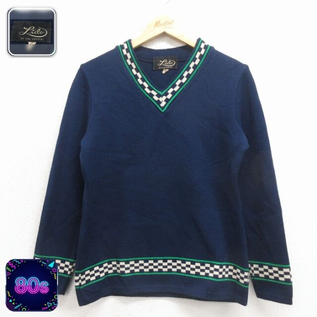 【50%OFF】古着 長袖 セーター レディース 80年代 80s Vネック 紺他 26feb04