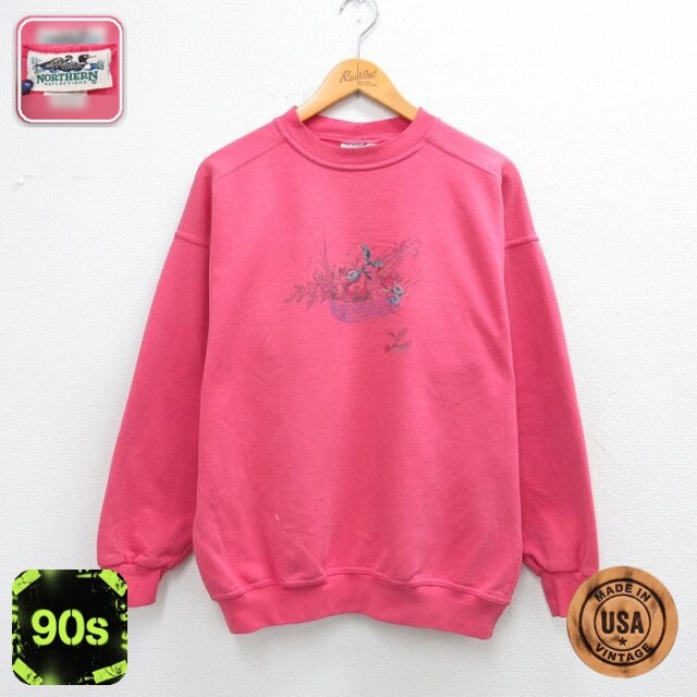 【50%OFF】古着 長袖 スウェット レディース 90年代 90s トマト トウモロコシ クルーネック USA製 濃ピンク 26feb05
