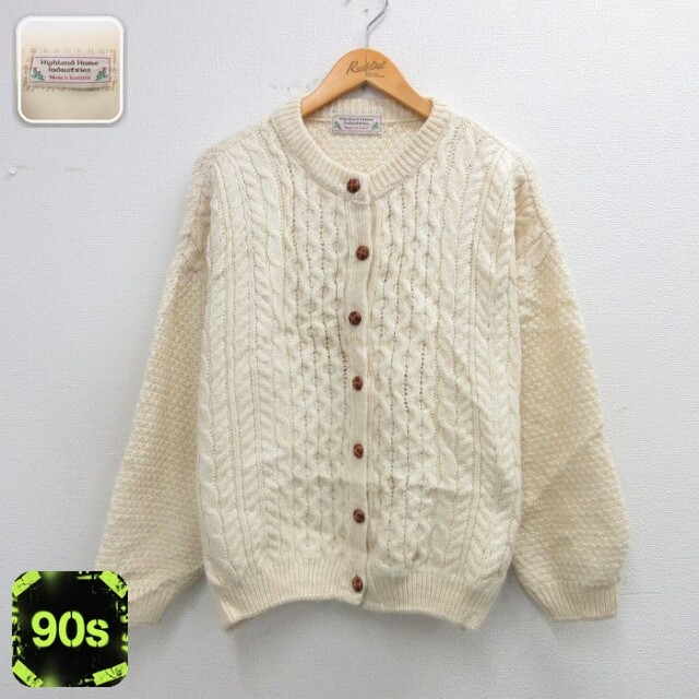 【50%OFF】古着 長袖 アラン フィッシャーマン ケーブル ニット カーディガン レディース 90年代 90s 大きいサイズ ウール スコットランド製 生成り 26feb05