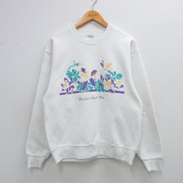 古着 フルーツオブザルーム 長袖 スウェット レディース 90年代 90s 花 クルーネック USA製 白 26feb05