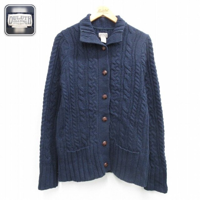 【50%OFF】古着 DULUTH 長袖 アラン フィッシャーマン ケーブル ニット カーディガン レディース ウール カシミヤ カシミア 紺 26feb05