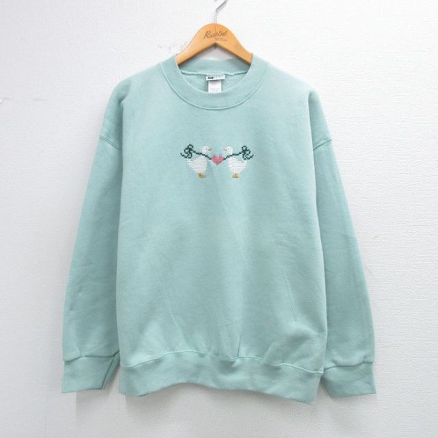 古着 長袖 スウェット レディース 90年代 90s アヒル ハート 刺繍 大きいサイズ クルーネック USA製 薄緑系 26feb05