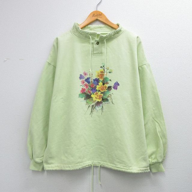 古着 長袖 スウェット レディース 90年代 90s 花 コットン USA製 黄緑 26mar27
