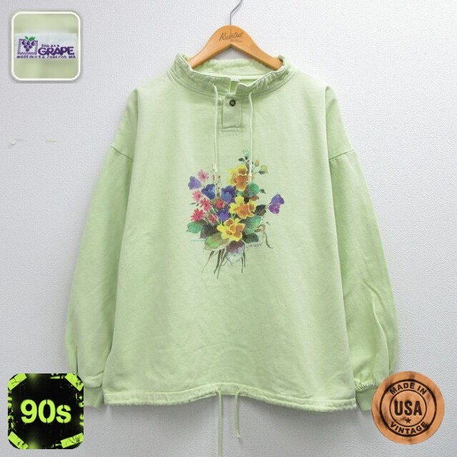 【20%OFF】古着 長袖 スウェット レディース 90年代 90s 花 コットン USA製 黄緑 26mar27