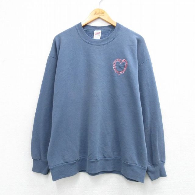 古着 ジャージーズ 長袖 スウェット レディース 90年代 90s ハート 大きいサイズ クルーネック USA製 薄紺 26mar27