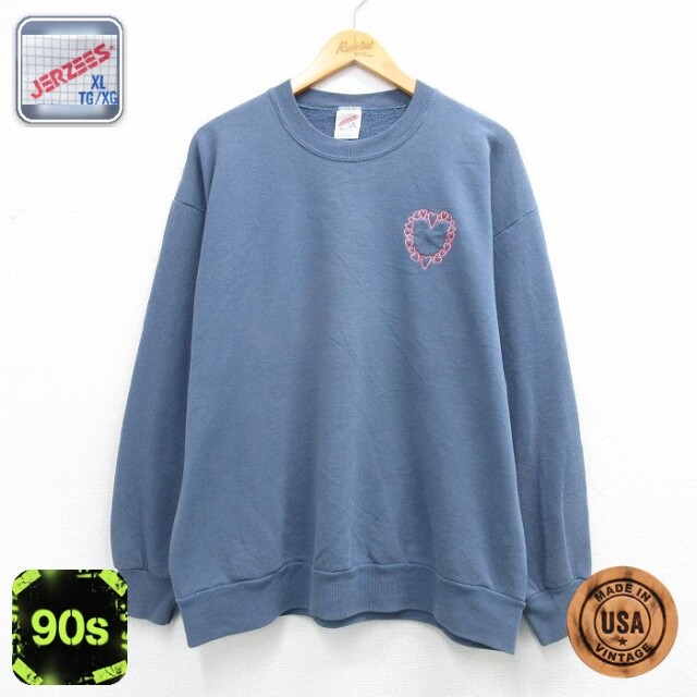 【20%OFF】古着 ジャージーズ 長袖 スウェット レディース 90年代 90s ハート 大きいサイズ クルーネック USA製 薄紺 26mar27