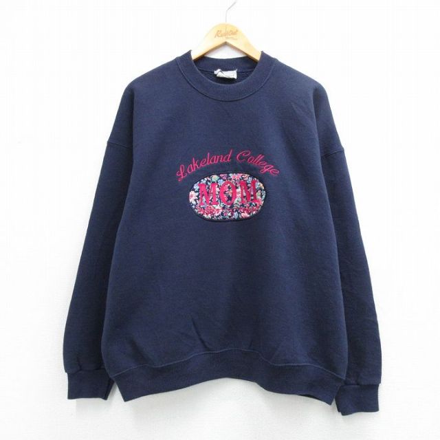 古着 長袖 スウェット レディース 00年代 00s MOM 刺繍 大きいサイズ クルーネック 紺 26mar27