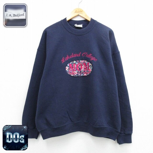 【20%OFF】古着 長袖 スウェット レディース 00年代 00s MOM 刺繍 大きいサイズ クルーネック 紺 26mar27