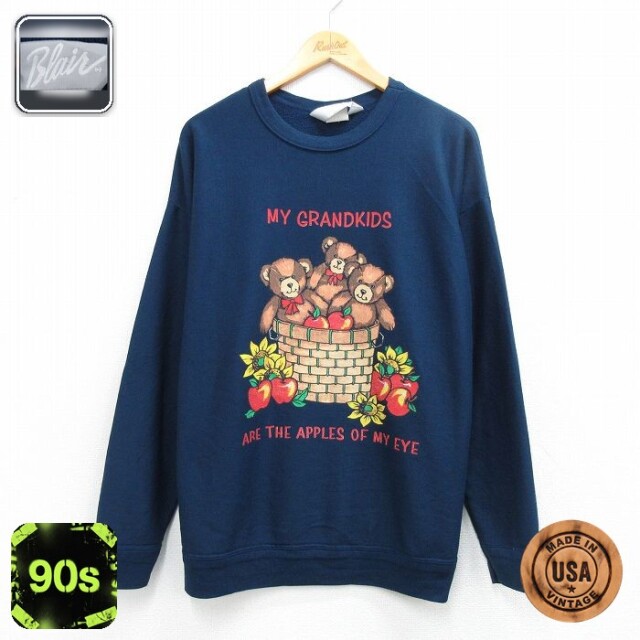 【20%OFF】古着 長袖 スウェット レディース 90年代 90s  テディベア リンゴ 大きいサイズ クルーネック USA製 紺 26mar27
