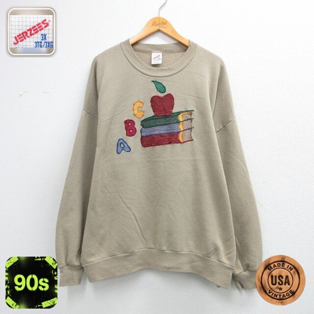 【20%OFF】古着 ジャージーズ  スウェット レディース 90年代 90s リンゴ 本 刺繍 大きいサイズ クルーネック USA製 ベージュ 26mar27