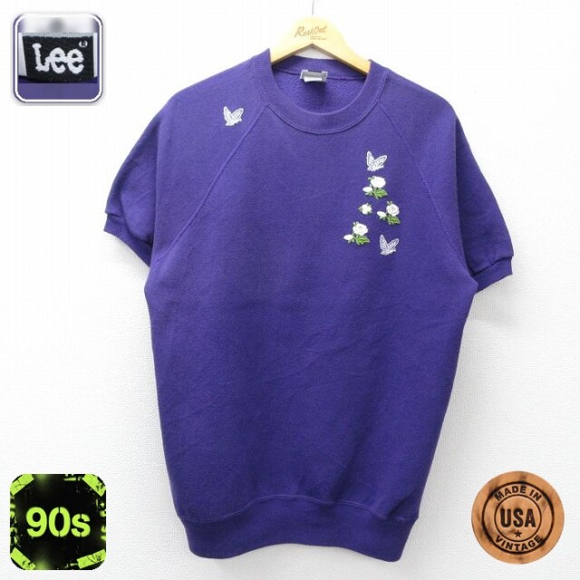 【20%OFF】古着 リー Lee 半袖 スウェット レディース 90年代 90s 花 チョウ 刺繍 ラグラン クルーネック USA製 紫 26mar27