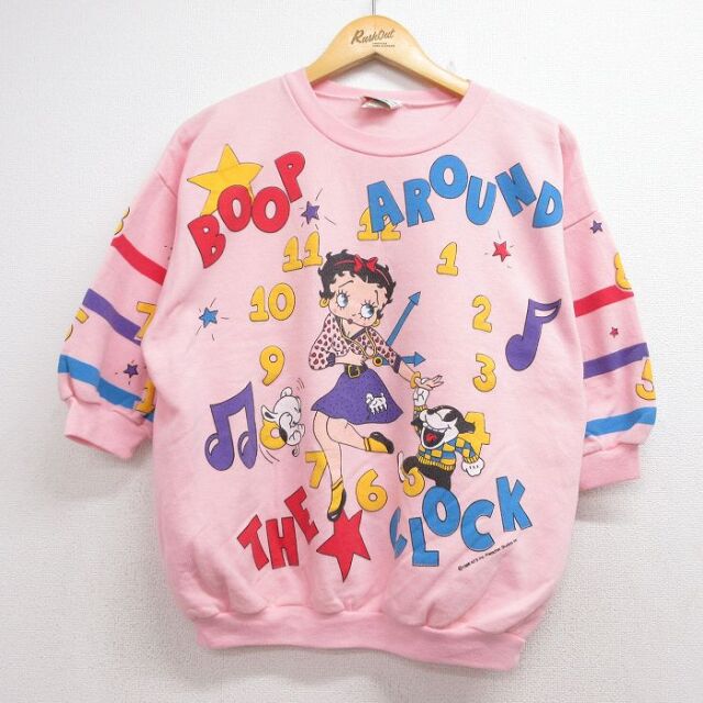 古着 7分袖 スウェット レディース 80年代 80s アニメ ベティちゃん ベティブープ クルーネック USA製 ピンク【spe】 26aug07