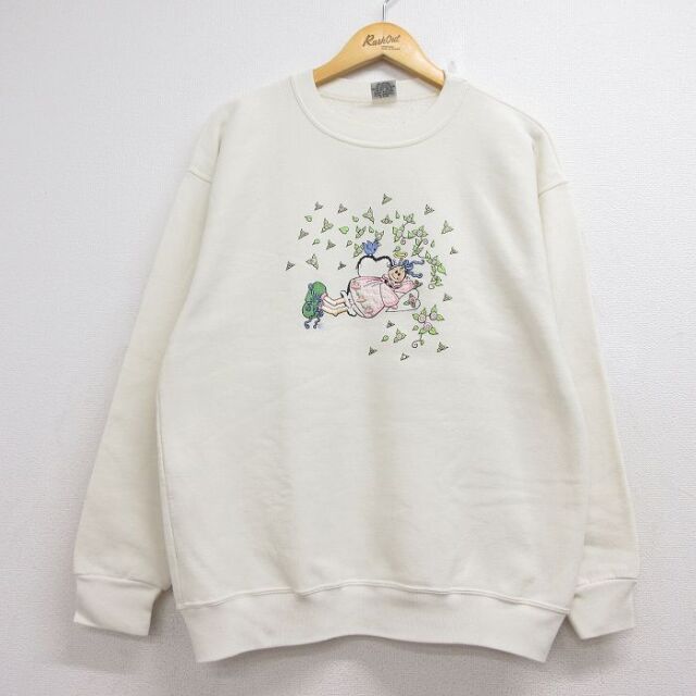 古着 長袖 スウェット レディース 90年代 90s 女の子 刺繍 クルーネック USA製 生成り ベージュ 26aug07