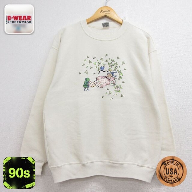 古着 長袖 スウェット レディース 90年代 90s 女の子 刺繍 クルーネック USA製 生成り ベージュ 26aug07