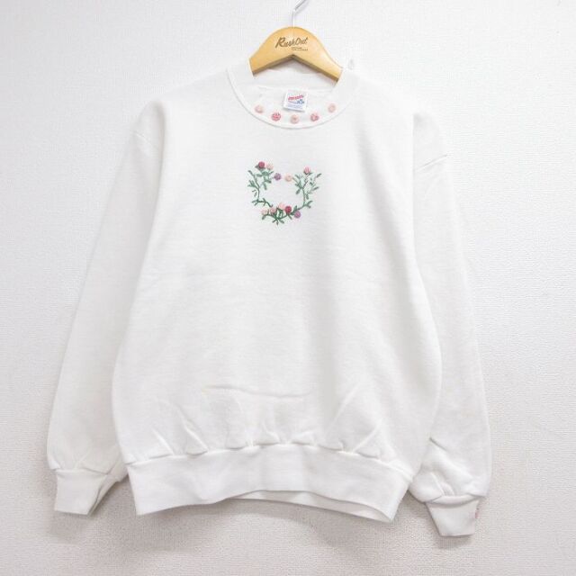 古着 ジャージーズ 長袖 スウェット レディース 90年代 90s 花 刺繍 クルーネック USA製 ホワイト 26aug07