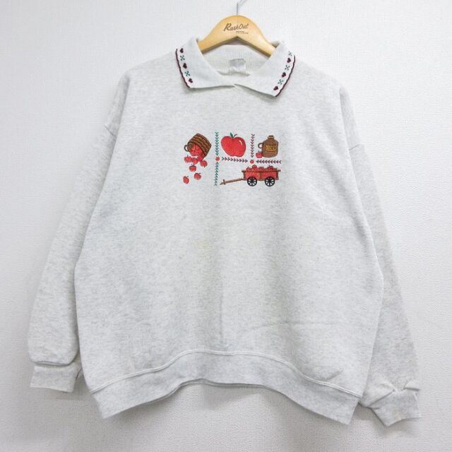 古着 長袖 スウェット レディース 90年代 90s リンゴ 刺繍 襟付き USA製 グレー 霜降り 26aug10