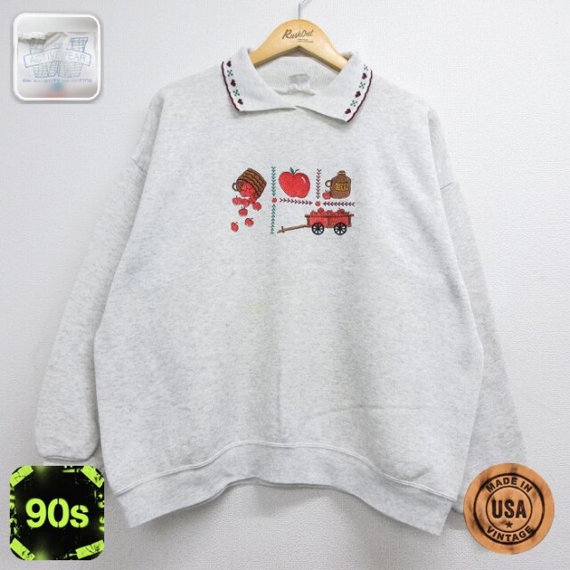古着 長袖 スウェット レディース 90年代 90s リンゴ 刺繍 襟付き USA製 グレー 霜降り 26aug10