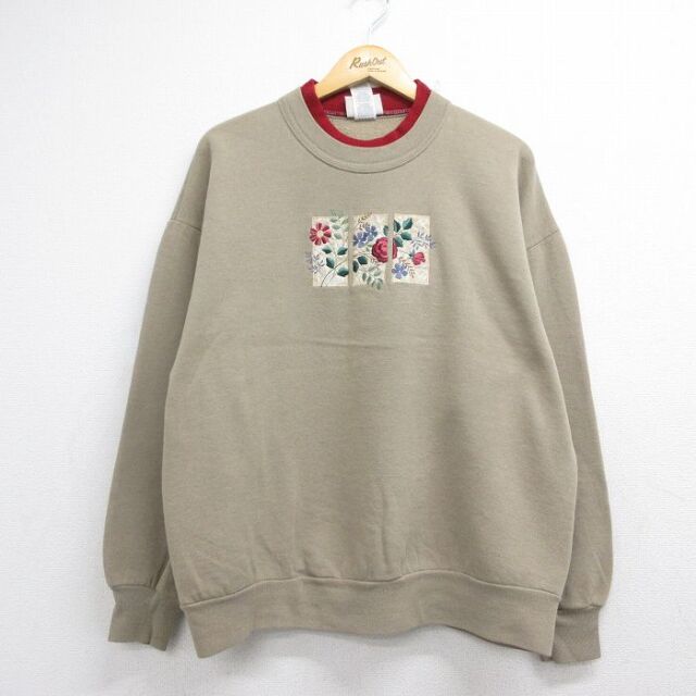古着 長袖 スウェット レディース 90年代 90s 花 刺繍 大きいサイズ クルーネック USA製 ベージュ 26aug10