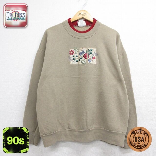 古着 長袖 スウェット レディース 90年代 90s 花 刺繍 大きいサイズ クルーネック USA製 ベージュ 26aug10