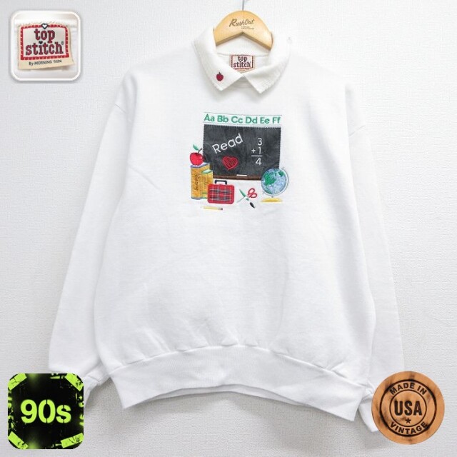 古着 長袖 スウェット レディース 90年代 90s 黒板 地球儀 リンゴ 刺繍 襟付き USA製 ホワイト 26aug10