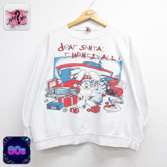古着 長袖 スウェット レディース 80年代 80s ウサギ サンタ ラメ 大きいサイズ クルーネック ホワイト 26aug10