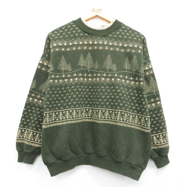 古着 Artisans 長袖 ニット 90年代 90s レディース プリント フェアアイル クルーネック 総柄 USA製 グリーン 26aug25