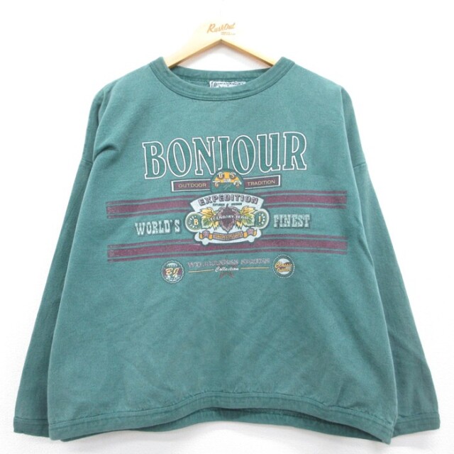 古着 bonjour 長袖 ニット 90年代 90s レディース 大きいサイズ コットン クルーネック USA製 グリーン 26aug25