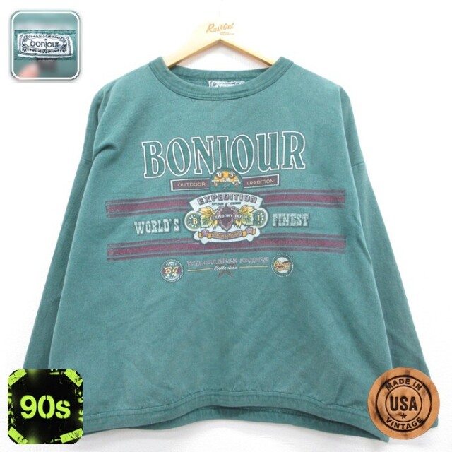 古着 bonjour 長袖 ニット 90年代 90s レディース 大きいサイズ コットン クルーネック USA製 グリーン 26aug25