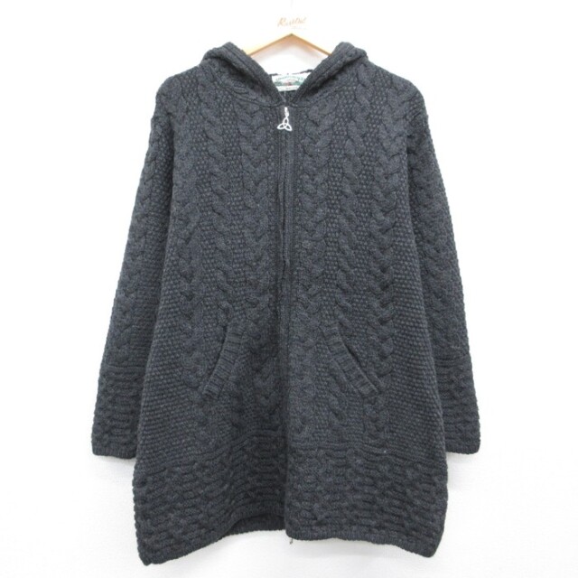 古着 Aran Crafts 長袖 ニット メリノウール アラン デッド フィッシャーマン ケーブル カーディガン レディース グレー【spe】 26aug25