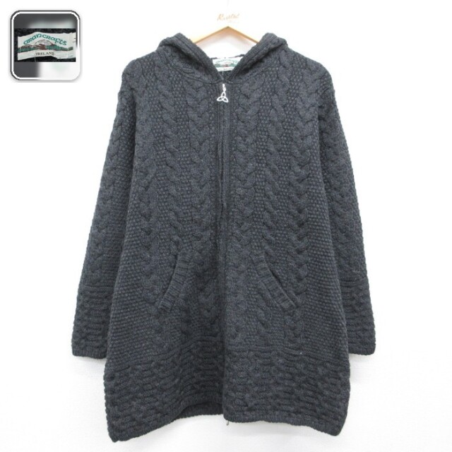 古着 Aran Crafts 長袖 ニット メリノウール アラン デッド フィッシャーマン ケーブル カーディガン レディース グレー【spe】 26aug25
