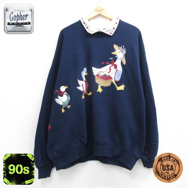 古着 Gopher Sport 長袖 レディース 90年代 90s スウェット アヒル 刺繍付き クルーネック USA製 ネイビー 26sep03