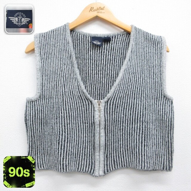 古着 DOCKERS ドッカーズ ニット フルジップ レディース 90年代 90s コットン Vネック ブラック ストライプ 26sep16
