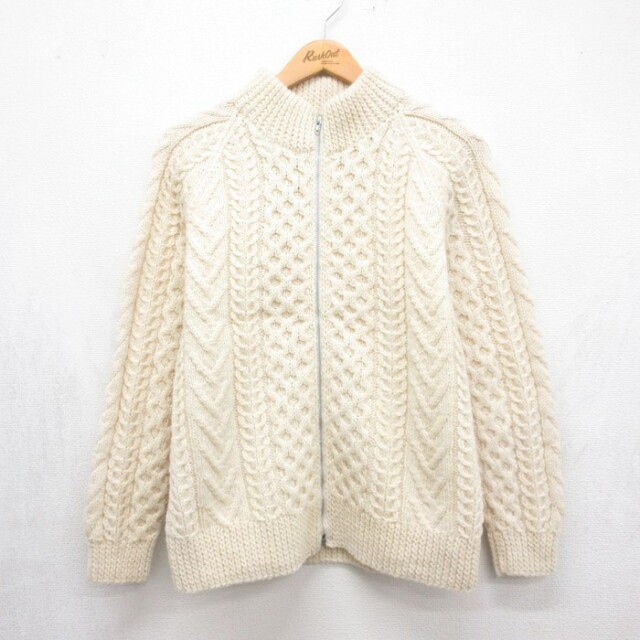 古着 Pennywinter 長袖 ニット レディース 70年代 70s カーディガン アラン フィッシャーマン ケーブル ウール ハイネック 生成り アイルランド製 ベージュ【spe】 26sep25