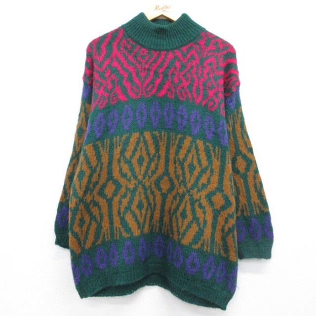 古着 ベネトン benetton 長袖 ニット レディース 80年代 80s モヘア セーター 総柄 モックネック イタリア製 グリーン【spe】 26oct07