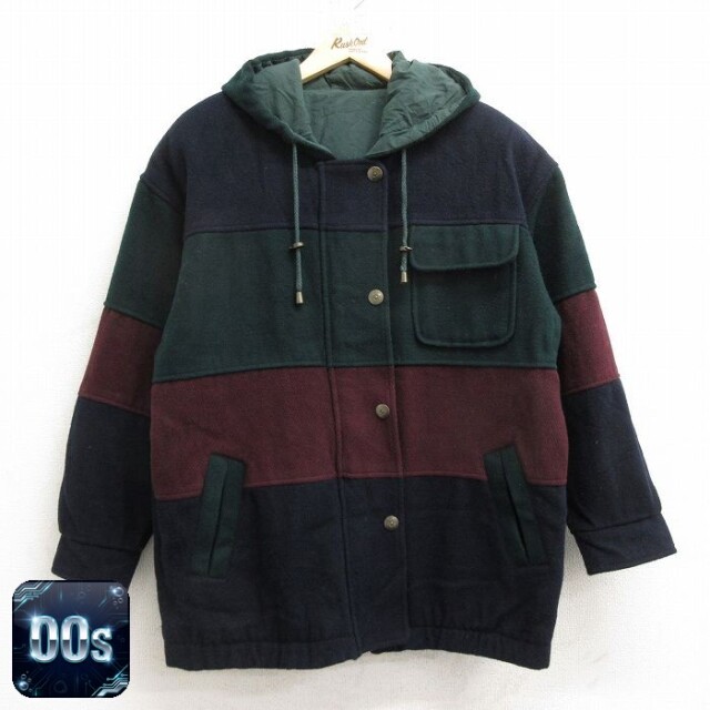 【50%OFF】古着 長袖 ウール ジャケット パーカー レディース 00年代 00s マルチカラー リバーシブル 大きいサイズ 紺他 ネイビー 24oct16 中古 アウター ジャンパー ブルゾン