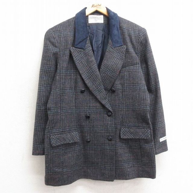 【50%OFF】古着 長袖 テーラード ジャケット レディース 90年代 90s 襟レザー ウール デッドストック 濃グレー他 チェック 25jan11 中古 アウター ジャンパー ブルゾン