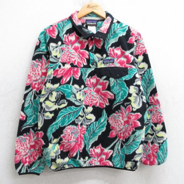 古着 パタゴニア patagonia 長袖 フリース ジャケット レディース シンチラ 花 総柄 スナップＴ 黒他 ブラック 【spe】 25feb08 中古 アウター ジャンパー ブルゾン