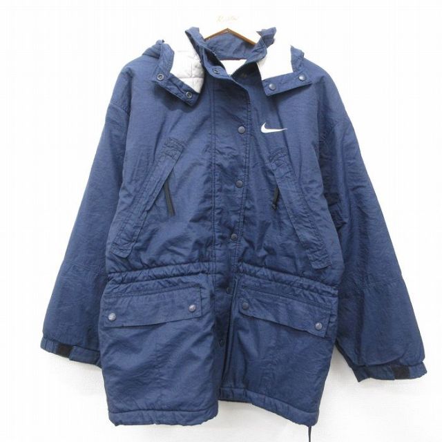 【50%OFF】古着 ナイキ NIKE 長袖 ナイロン ジャケット パーカー レディース 90年代 90s ワンポイントロゴ 大きいサイズ 紺 ネイビー 内側キルティング 25feb12 中古 アウター ウインドブレーカー