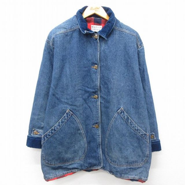 古着 長袖 デニム ジャケット レディース 90年代 90s 襟コーデュロイ 大きいサイズ コットン 紺 ネイビー 内側フランネル 【spe】 25feb12 中古 アウター ジャンパー ブルゾン