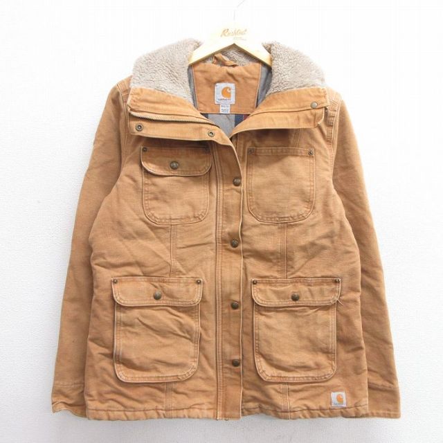 古着 カーハート Carhartt 長袖 ジャケット レディース ダック地 コットン 襟ボア 茶 ブラウン 内側キルティング 25feb17 中古 アウター ジャンパー ブルゾン
