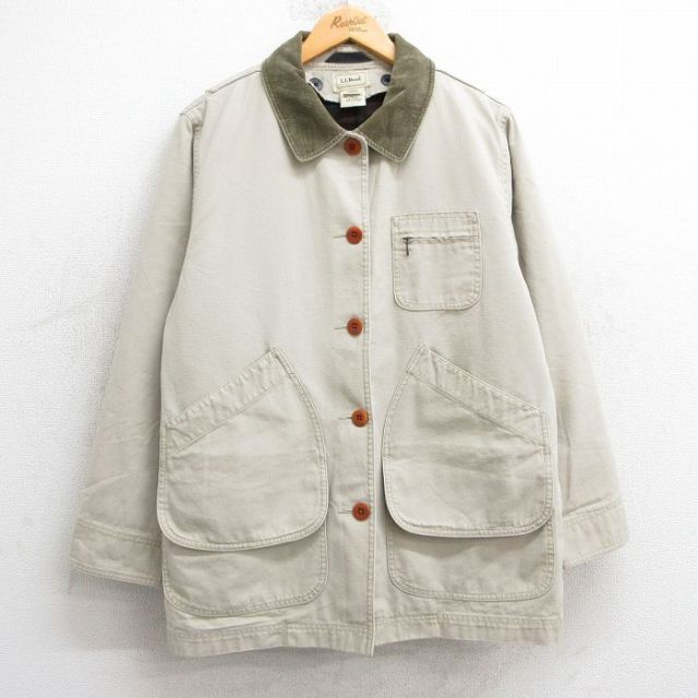 古着 エルエルビーン LLBEAN 長袖 ジャケット カバーオール レディース 00年代 00s 襟コーデュロイ ダック地 コットン 薄ベージュ カーキ 内側ウール 25feb21 中古 アウター ジャンパー ブルゾン