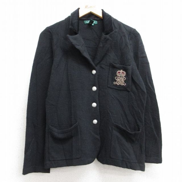 【50%OFF】古着 ラルフローレン Ralph Lauren 長袖 ブランド ウール ジャケット レディース 00年代 00s ワンポイントロゴ ベロア仕様 開襟 オープンカラー 黒 ブラック 【spe】 25nov01 中古 アウター ジャンパー ブルゾン