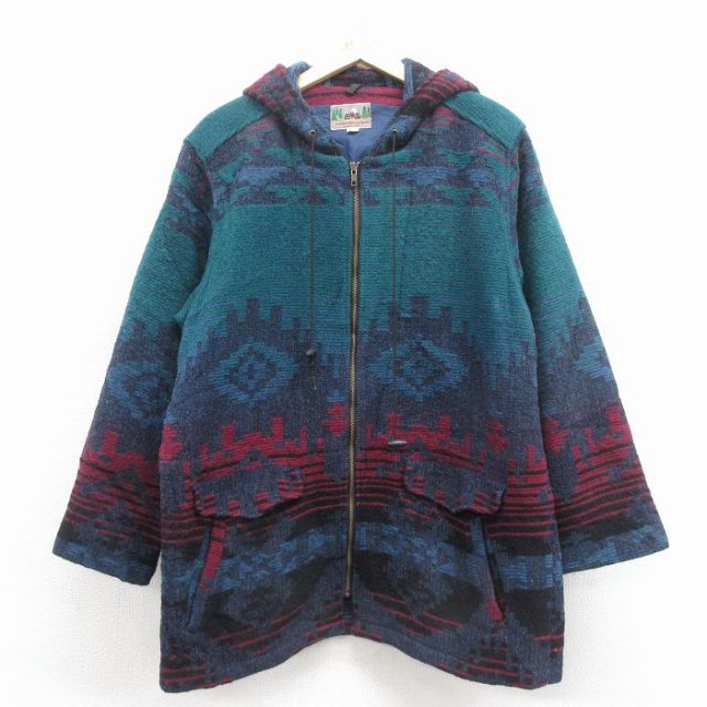 【50%OFF】古着 EMS 長袖 ジャケット コート レディース 90年代 90s ロング丈 ネイティブ柄 ラグ柄 USA製 紺他【spe】 25nov17