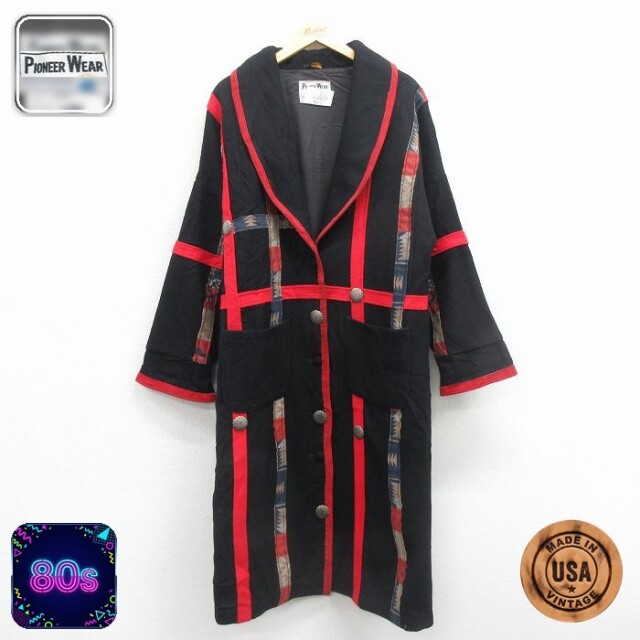 【50%OFF】古着 パイオニア 長袖 ウール コート レディース 80年代 80s ロング丈 ショールカラー USA製 黒他【spe】 25dec08