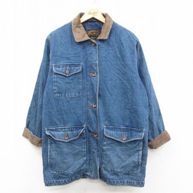 古着 エディーバウアー 長袖 カバーオール レディース 90年代 90s 大きいサイズ ロング丈 コットン 紺 デニム 内側ブランケット【spe】 25dec18