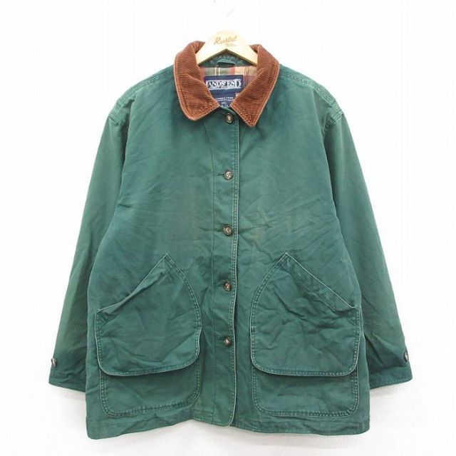 古着 ランズエンド 長袖 ハンティング ジャケット レディース 90年代 90s 襟コーデュロイ 大きいサイズ コットン 緑 内側フランネル 25dec18