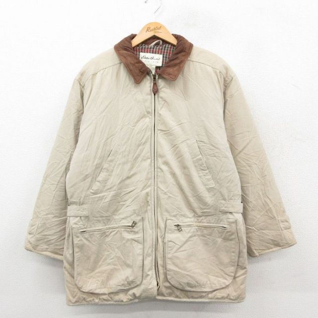 【20%OFF】古着 エディーバウアー 長袖 ダウン ジャケット コート レディース 00年代 00s ロング丈 襟レザー コットン ベージュ【spe】 26feb14