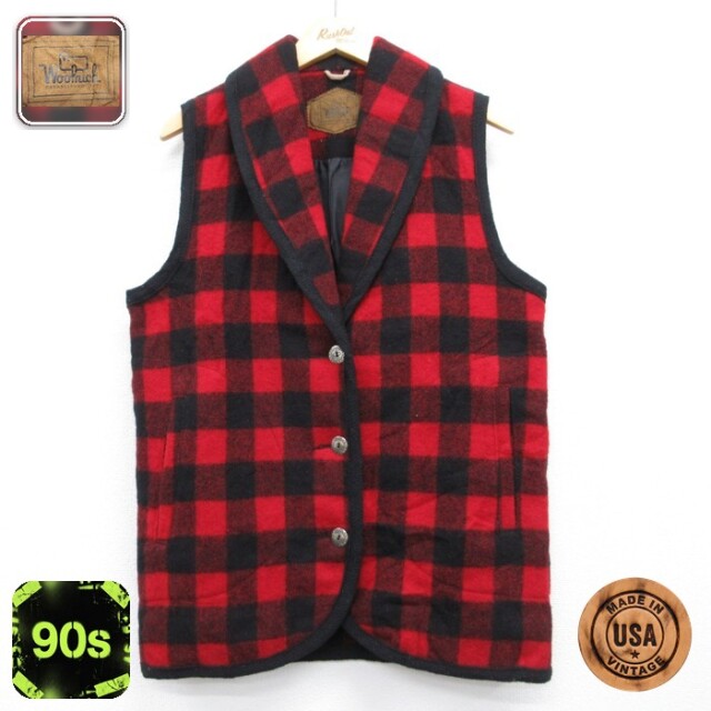 古着 Woolrich ノースリーブ レディース 90年代 90s メンズ ショールカラー バッファロー チェック USA製 ブラック 26aug21