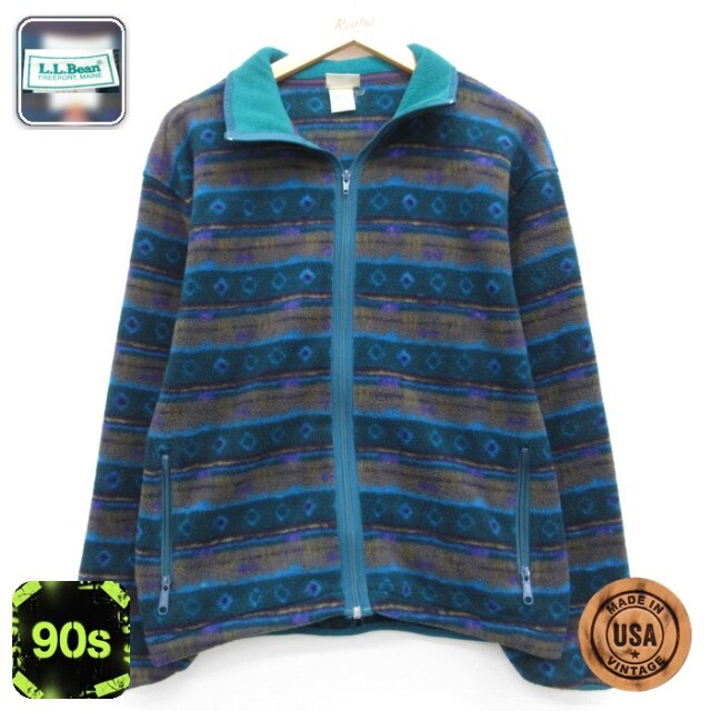 古着 L.L.Bean エルエルビーン 長袖 フルジップ レディース 90年代 90s ジャケット フリース ネイティブ柄 総柄 USA製 グリーン【spe】 26aug31