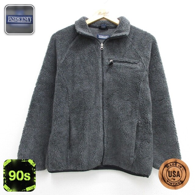 古着 LANDS'END ランズエンド 長袖 フルジップ レディース 90年代 90s ラグラン ボア フリース USA製 グレー 26sep03